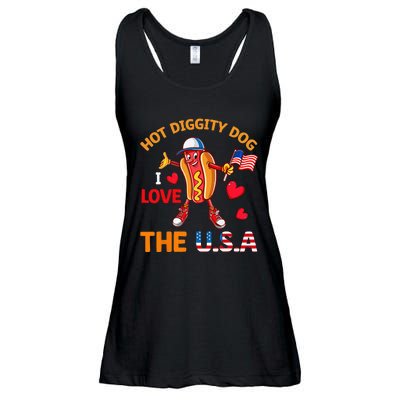 Funny 4th Of July Hot Dog I Love USA Party American Flag Ladies Essential Flowy Tank