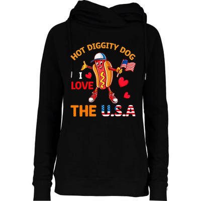 Funny 4th Of July Hot Dog I Love USA Party American Flag Womens Funnel Neck Pullover Hood