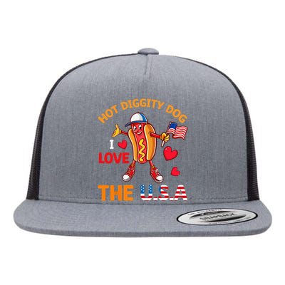 Funny 4th Of July Hot Dog I Love USA Party American Flag Flat Bill Trucker Hat