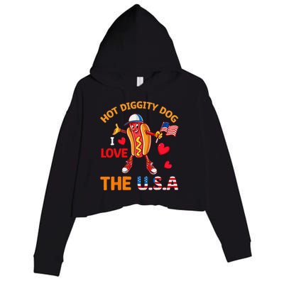 Funny 4th Of July Hot Dog I Love USA Party American Flag Crop Fleece Hoodie