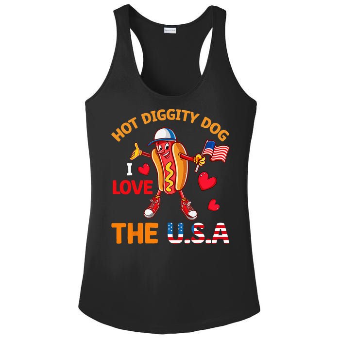 Funny 4th Of July Hot Dog I Love USA Party American Flag Ladies PosiCharge Competitor Racerback Tank