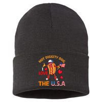 Funny 4th Of July Hot Dog I Love USA Party American Flag Sustainable Knit Beanie