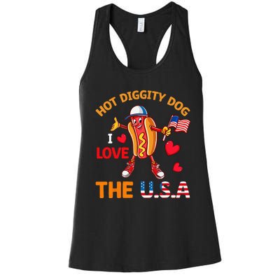 Funny 4th Of July Hot Dog I Love USA Party American Flag Women's Racerback Tank