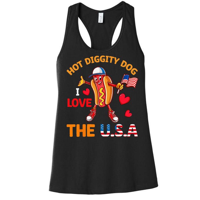 Funny 4th Of July Hot Dog I Love USA Party American Flag Women's Racerback Tank