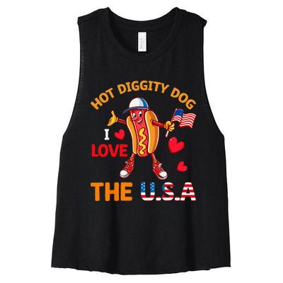 Funny 4th Of July Hot Dog I Love USA Party American Flag Women's Racerback Cropped Tank