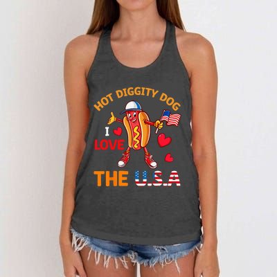 Funny 4th Of July Hot Dog I Love USA Party American Flag Women's Knotted Racerback Tank