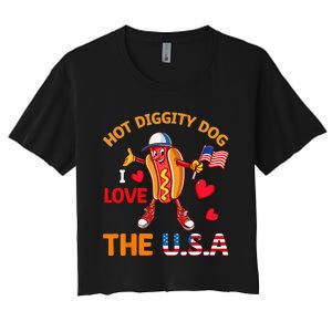 Funny 4th Of July Hot Dog I Love USA Party American Flag Women's Crop Top Tee