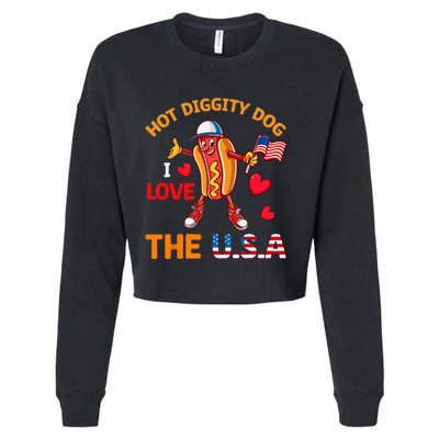 Funny 4th Of July Hot Dog I Love USA Party American Flag Cropped Pullover Crew