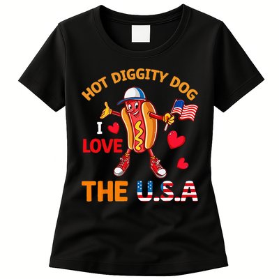 Funny 4th Of July Hot Dog I Love USA Party American Flag Womens T-Shirt