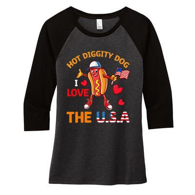 Funny 4th Of July Hot Dog I Love USA Party American Flag Women's Tri-Blend 3/4-Sleeve Raglan Shirt