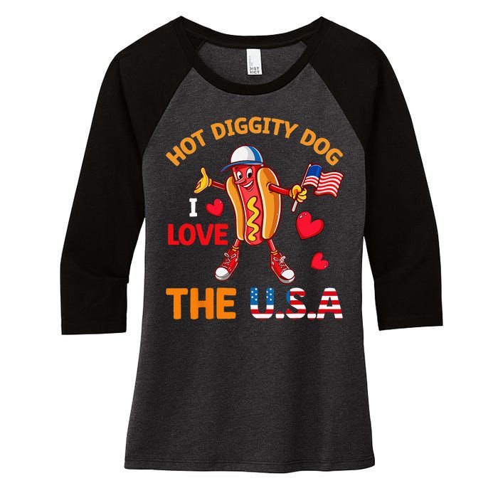 Funny 4th Of July Hot Dog I Love USA Party American Flag Women's Tri-Blend 3/4-Sleeve Raglan Shirt