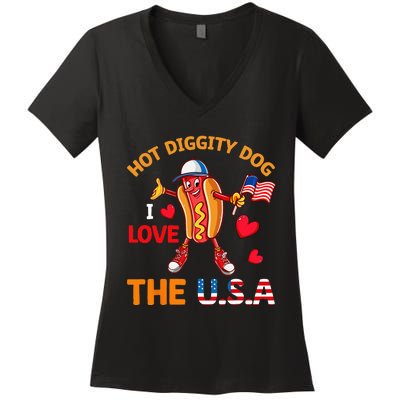 Funny 4th Of July Hot Dog I Love USA Party American Flag Women's V-Neck T-Shirt