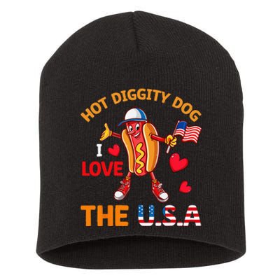 Funny 4th Of July Hot Dog I Love USA Party American Flag Short Acrylic Beanie