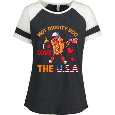 Funny 4th Of July Hot Dog I Love USA Party American Flag Enza Ladies Jersey Colorblock Tee