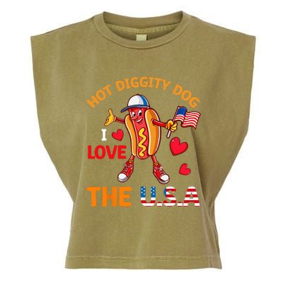 Funny 4th Of July Hot Dog I Love USA Party American Flag Garment-Dyed Women's Muscle Tee