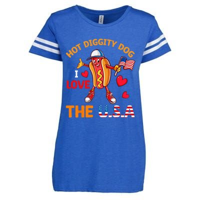 Funny 4th Of July Hot Dog I Love USA Party American Flag Enza Ladies Jersey Football T-Shirt