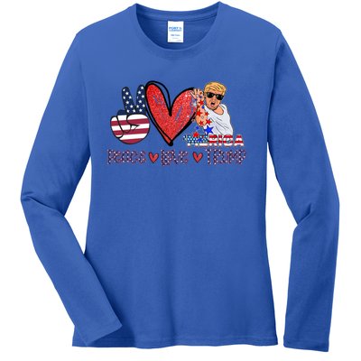 Funny 4th Of July Peace Love Trump Merica Usa Flag Patriotic Gift Ladies Long Sleeve Shirt