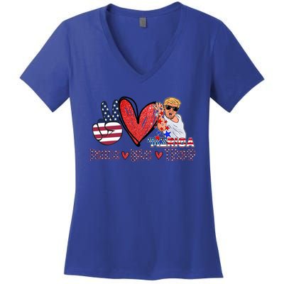 Funny 4th Of July Peace Love Trump Merica Usa Flag Patriotic Gift Women's V-Neck T-Shirt