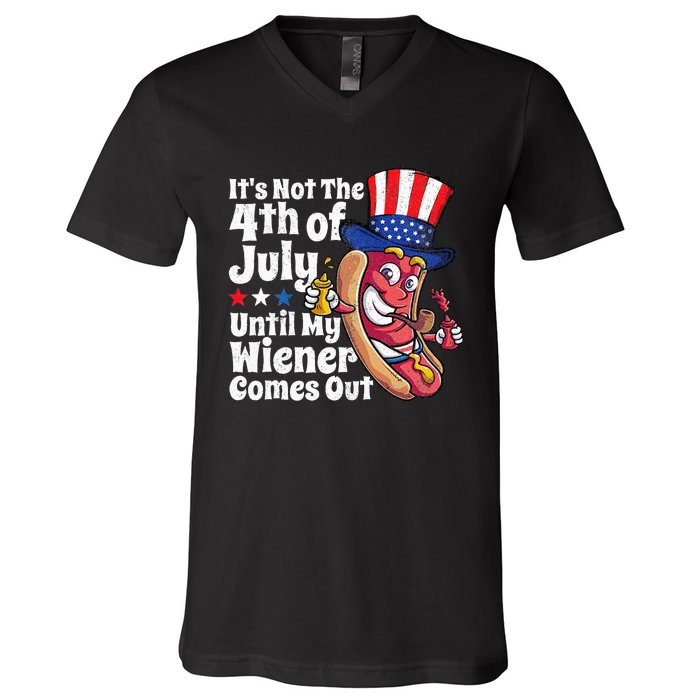 Funny 4th Of July Hot Dog Wiener Comes Out Adult Humor Gift V-Neck T-Shirt