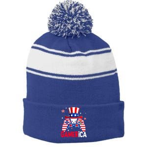 Funny 4th Of July Video Game American Flag Gamer Son Dad Gift Stripe Pom Pom Beanie