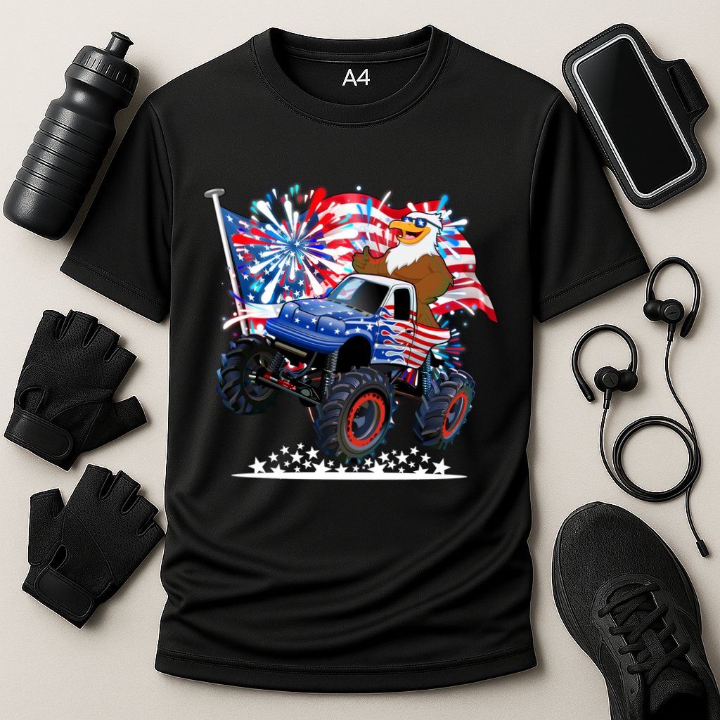 Funny 4th Of July Patriotic American Flag Monster Truck Eagle Cooling Performance Crew T-Shirt