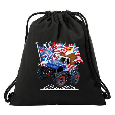 Funny 4th Of July Patriotic American Flag Monster Truck Eagle Drawstring Bag