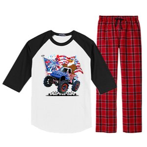 Funny 4th Of July Patriotic American Flag Monster Truck Eagle Raglan Sleeve Pajama Set