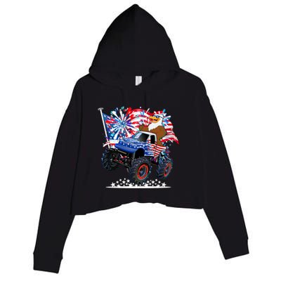 Funny 4th Of July Patriotic American Flag Monster Truck Eagle Crop Fleece Hoodie