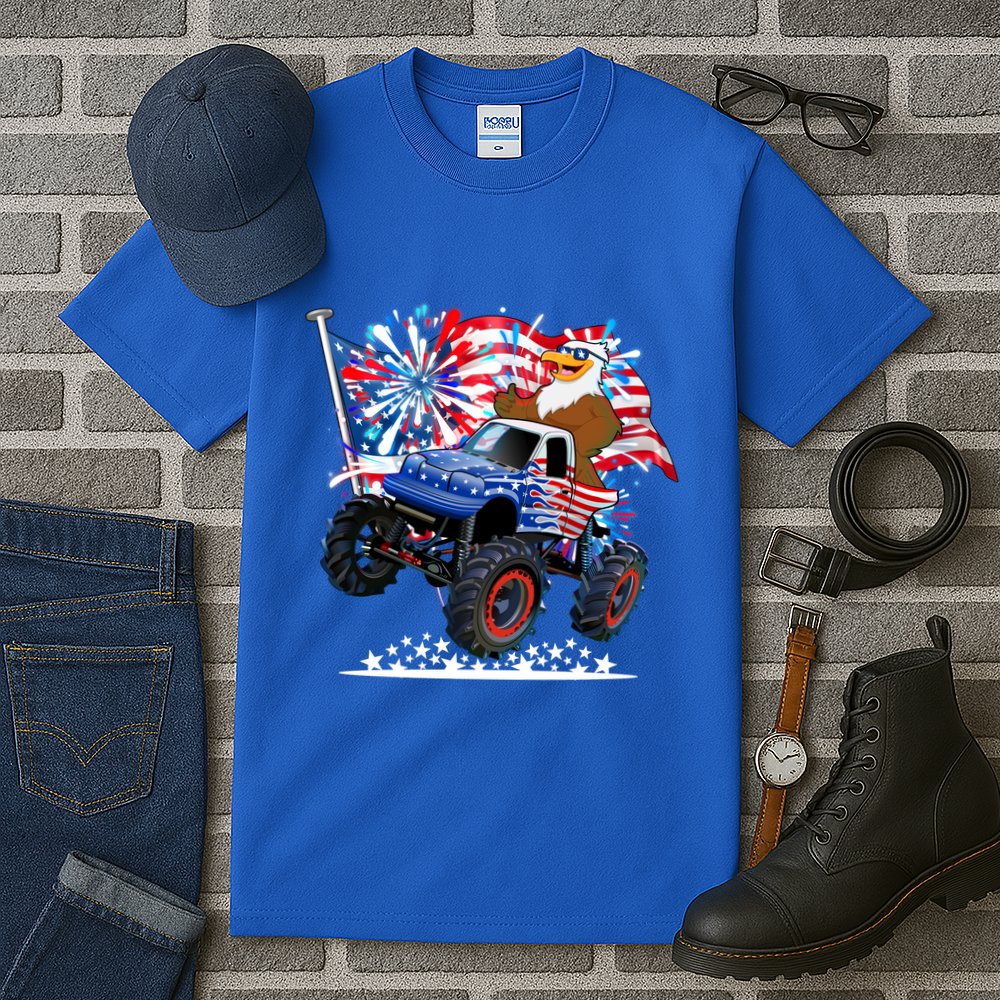 Funny 4th Of July Patriotic American Flag Monster Truck Eagle Tall T-Shirt