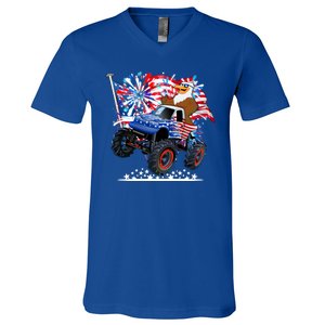 Funny 4th Of July Patriotic American Flag Monster Truck Eagle V-Neck T-Shirt