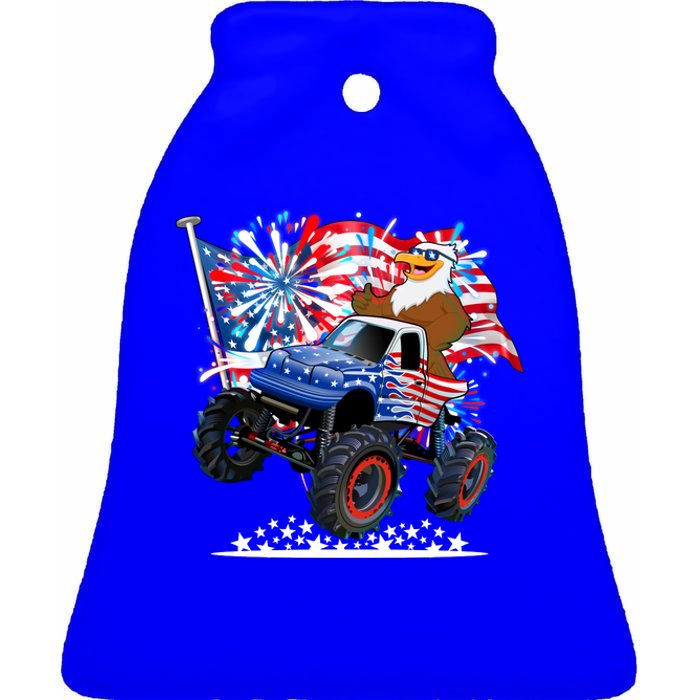 Funny 4th Of July Patriotic American Flag Monster Truck Eagle Ceramic Bell Ornament