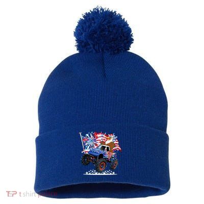Funny 4th Of July Patriotic American Flag Monster Truck Eagle Pom Pom 12in Knit Beanie