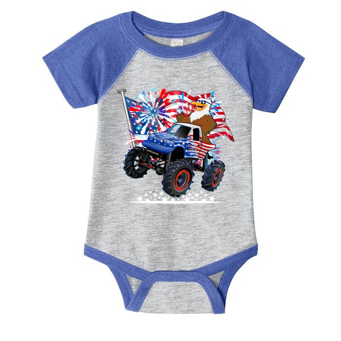 Funny 4th Of July Patriotic American Flag Monster Truck Eagle Infant Baby Jersey Bodysuit