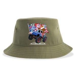 Funny 4th Of July Patriotic American Flag Monster Truck Eagle Sustainable Bucket Hat