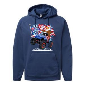 Funny 4th Of July Patriotic American Flag Monster Truck Eagle Performance Fleece Hoodie