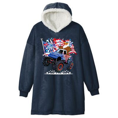 Funny 4th Of July Patriotic American Flag Monster Truck Eagle Hooded Wearable Blanket