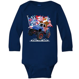 Funny 4th Of July Patriotic American Flag Monster Truck Eagle Baby Long Sleeve Bodysuit