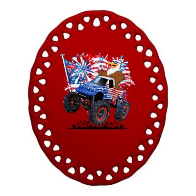 Funny 4th Of July Patriotic American Flag Monster Truck Eagle Ceramic Oval Ornament