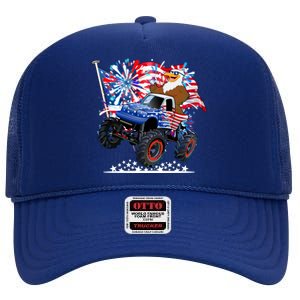 Funny 4th Of July Patriotic American Flag Monster Truck Eagle High Crown Mesh Back Trucker Hat