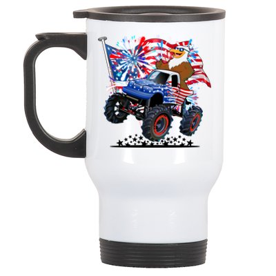 Funny 4th Of July Patriotic American Flag Monster Truck Eagle Stainless Steel Travel Mug