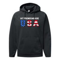 Funny 4th of July American Saying My Pronouns Are USA Performance Fleece Hoodie