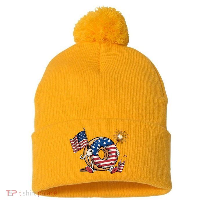 Funny 4th Of July Independence Donut Touch My Freedom Pom Pom 12in Knit Beanie