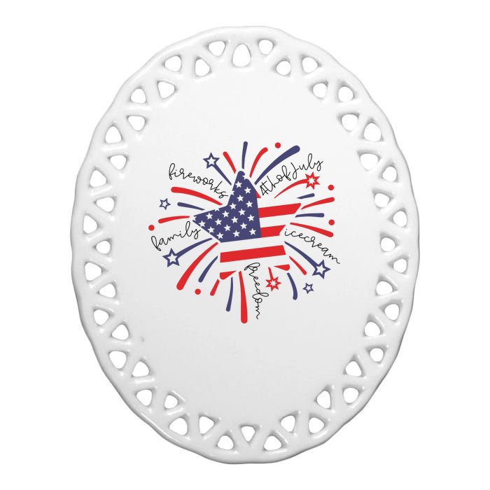 Firework 4th Of July American Flag Ceramic Oval Ornament