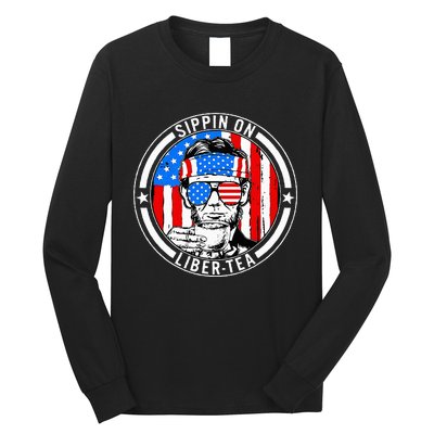 Funny 4th Of July Sippin On Libertea Liberty Usa Flag Long Sleeve Shirt