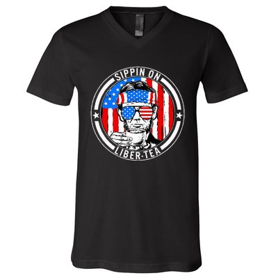 Funny 4th Of July Sippin On Libertea Liberty Usa Flag V-Neck T-Shirt