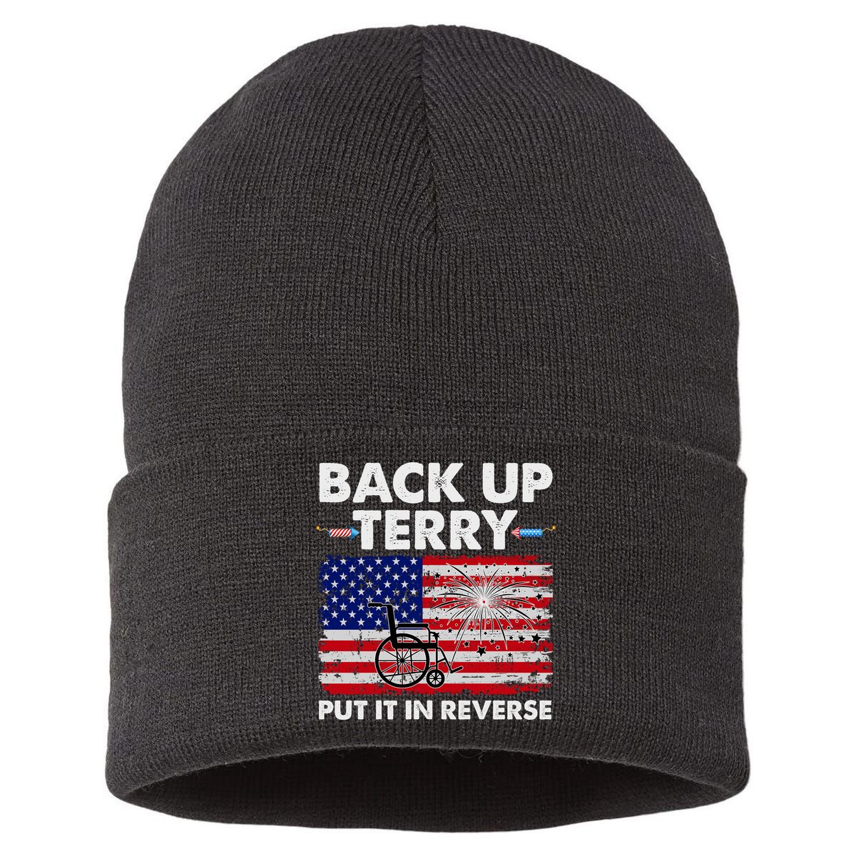 Fourth 4th Of July Back Up Terry Put It In Reverse USA Flag Sustainable Knit Beanie