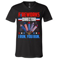 Funny 4th Of July Fireworks Director I Run You Run V-Neck T-Shirt