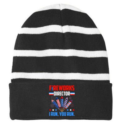 Funny 4th Of July Fireworks Director I Run You Run Striped Beanie with Solid Band