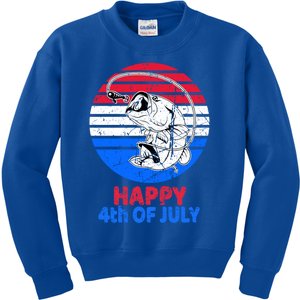 Fisher 4th Of July For Fishing Lover Retro July 4th Bass Gift Kids Sweatshirt