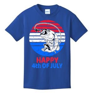 Fisher 4th Of July For Fishing Lover Retro July 4th Bass Gift Kids T-Shirt